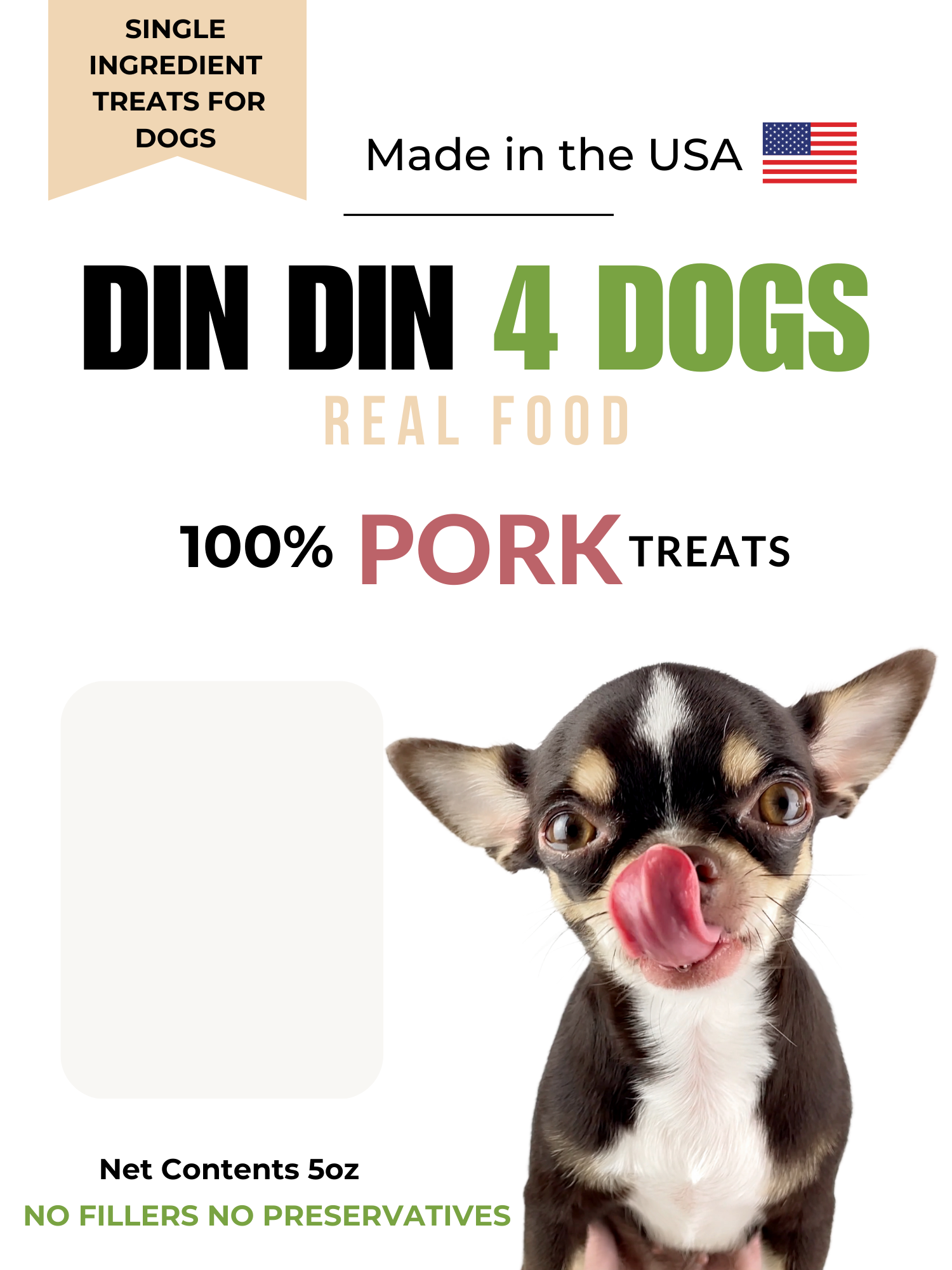 100% Pork Dog Treats, 5 Ounce Bag, Single Ingredient, High Protein